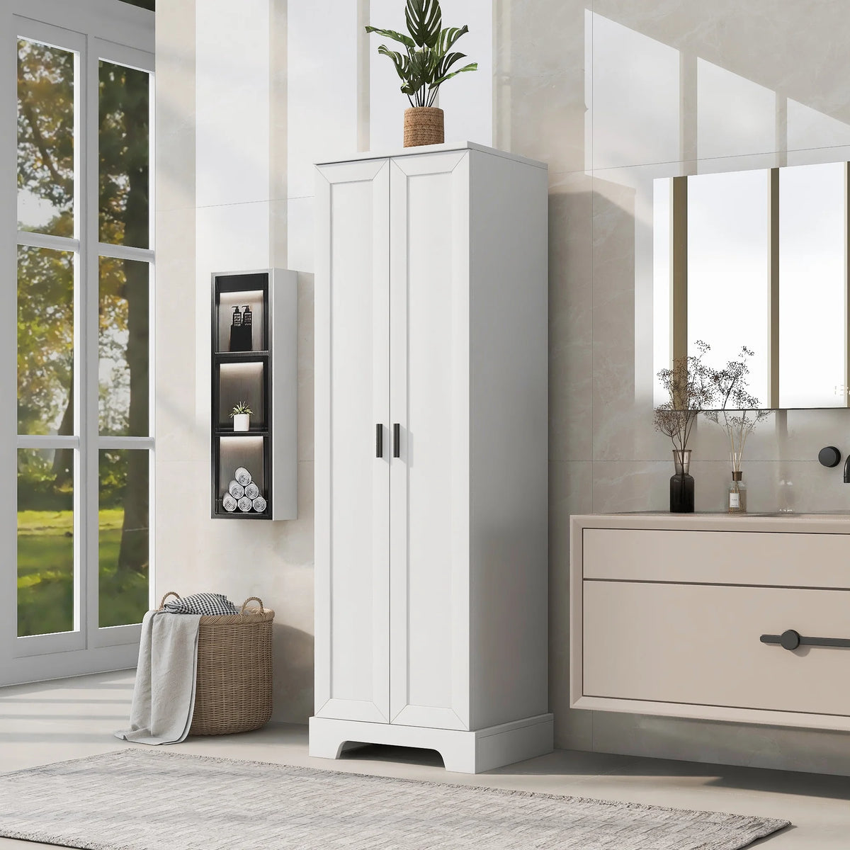 Tall Wood Bathroom Storage Cabinet with Adjustable Shelves Z2521