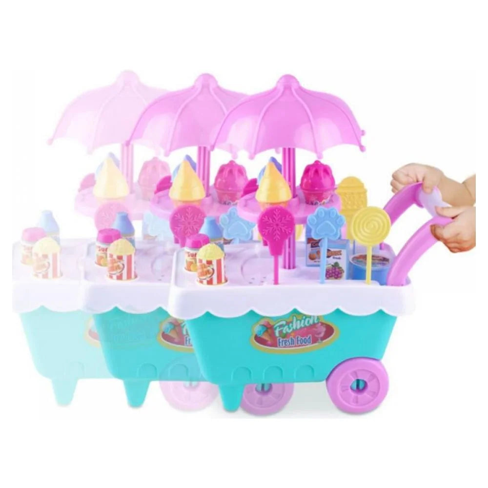16 Piece Ice Cream Cart Toy Set with Umbrella Food Dishes J78211