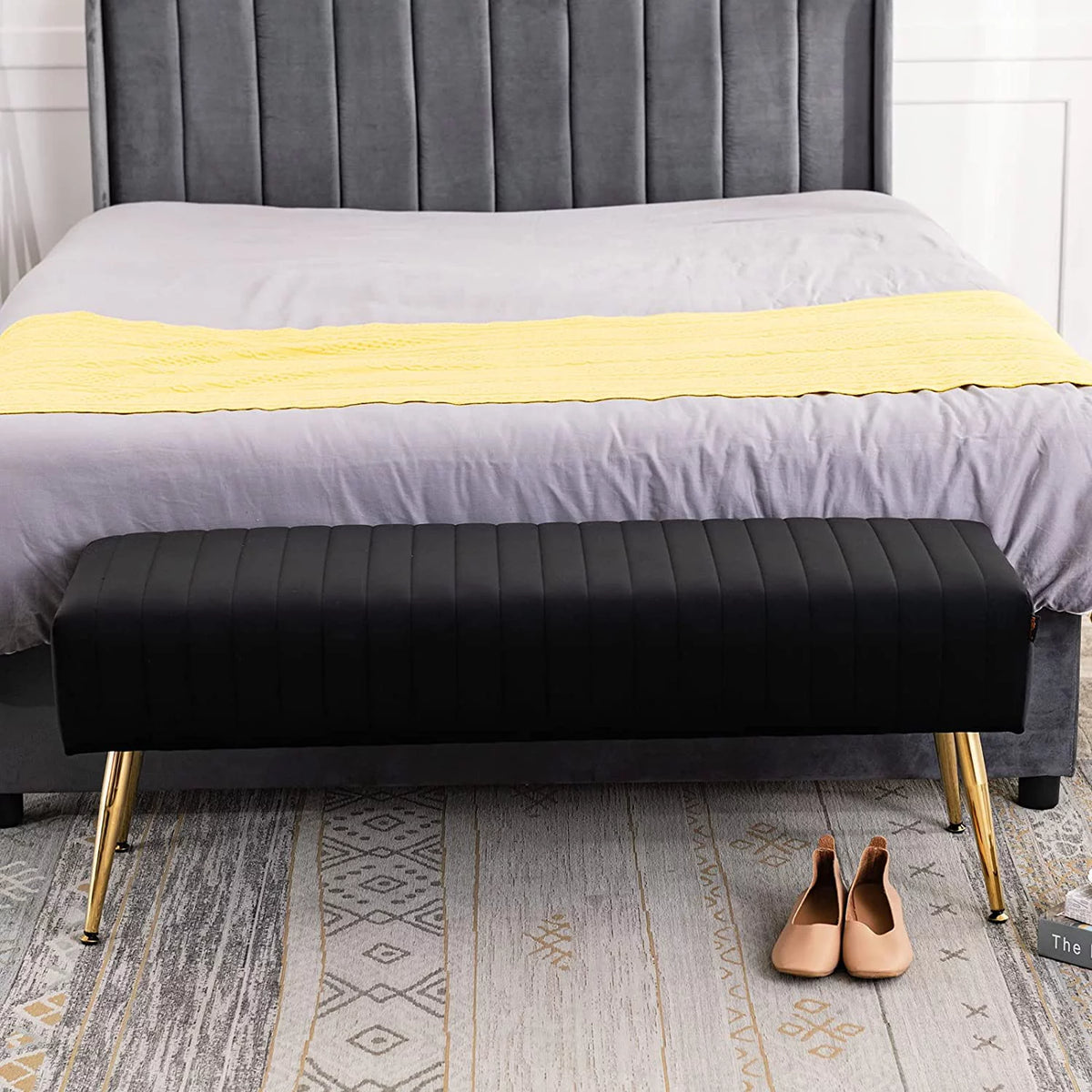 44 Inch Velvet Ottoman Bench with Gold Legs O3150