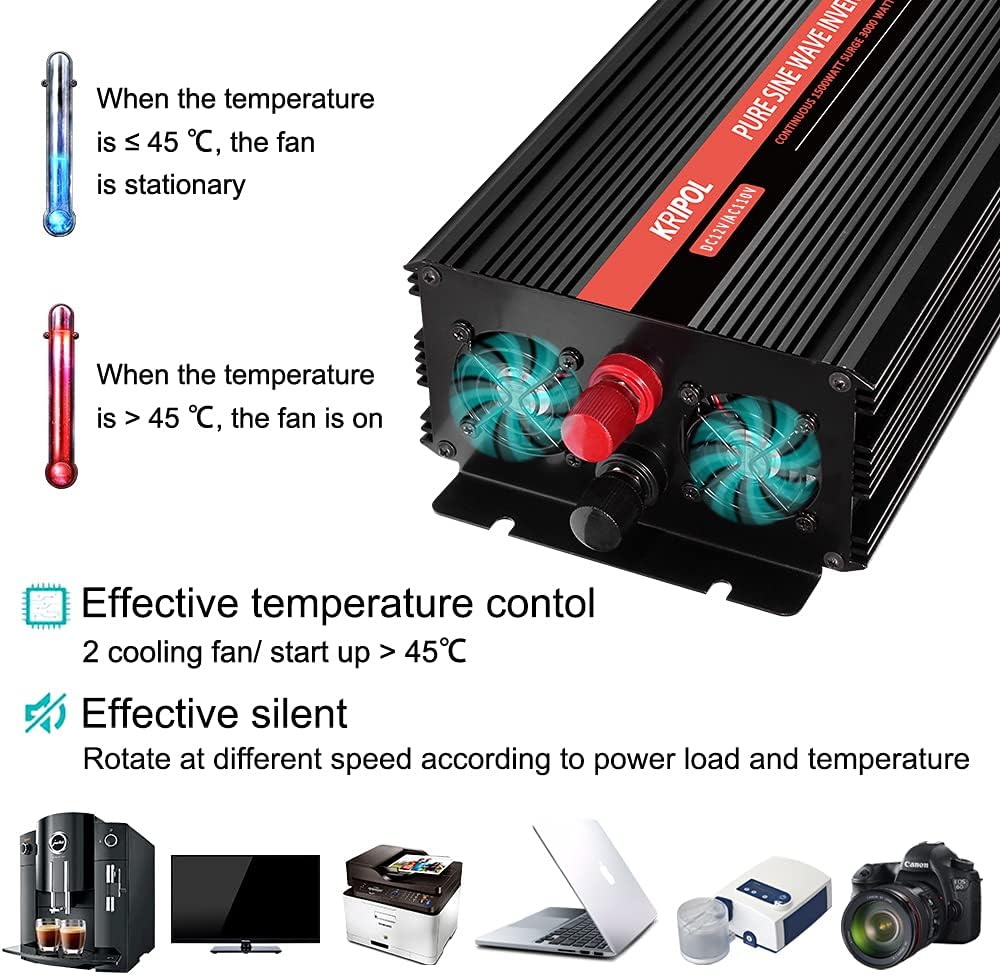 1500 Watt Pure Sine Wave Power Inverter 12V DC to 110V AC 60HZ with 4 AC Outlets and 1 USB Output I241