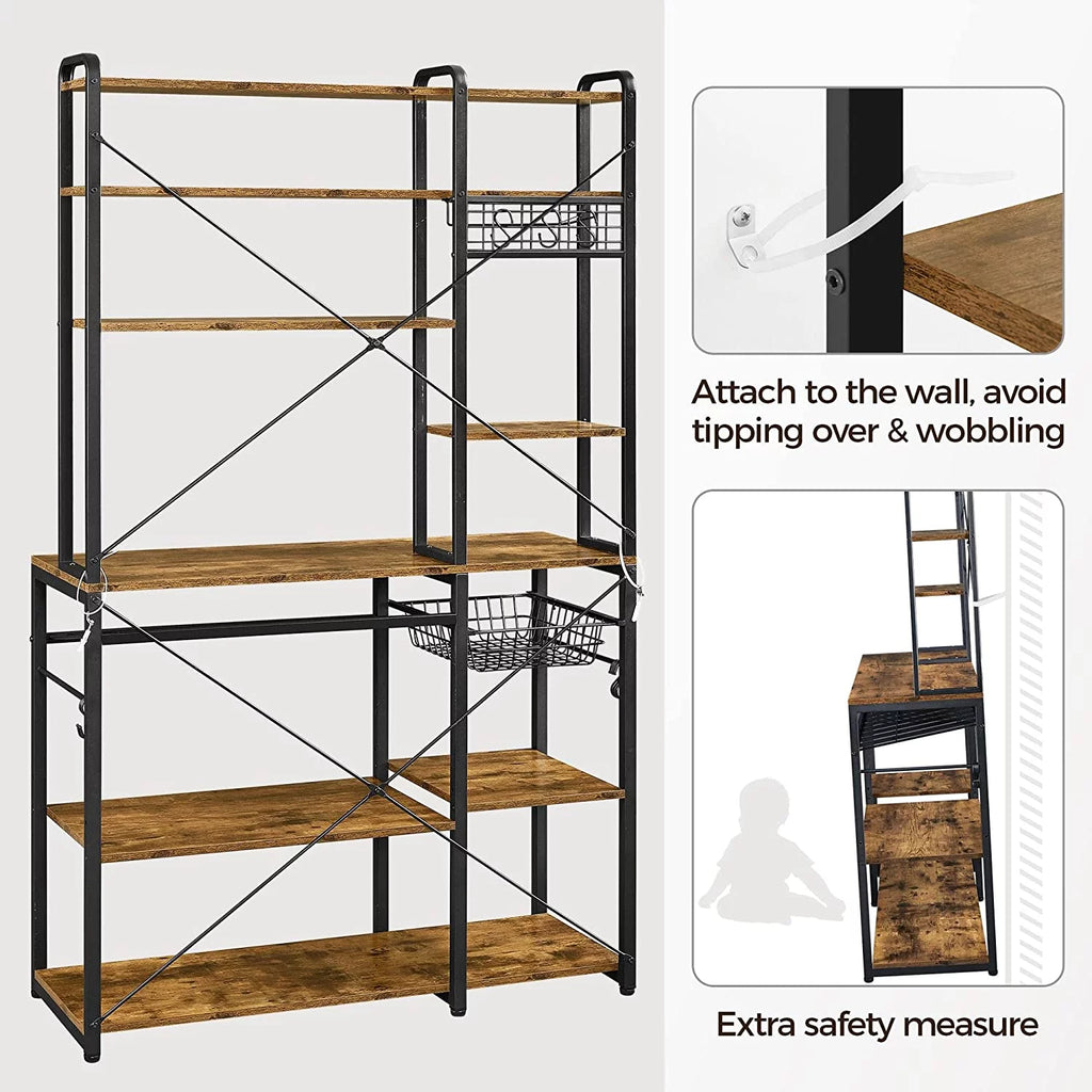 Wooden Kitchen Bakers Rack with Wine Rack and 12 Hooks A97578
